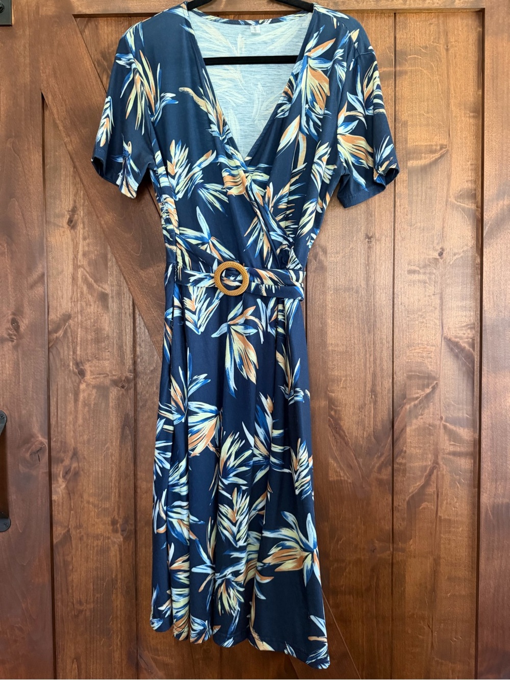 HELYO 2XL Black Floral Faux Wrap Midi Dress with Pockets